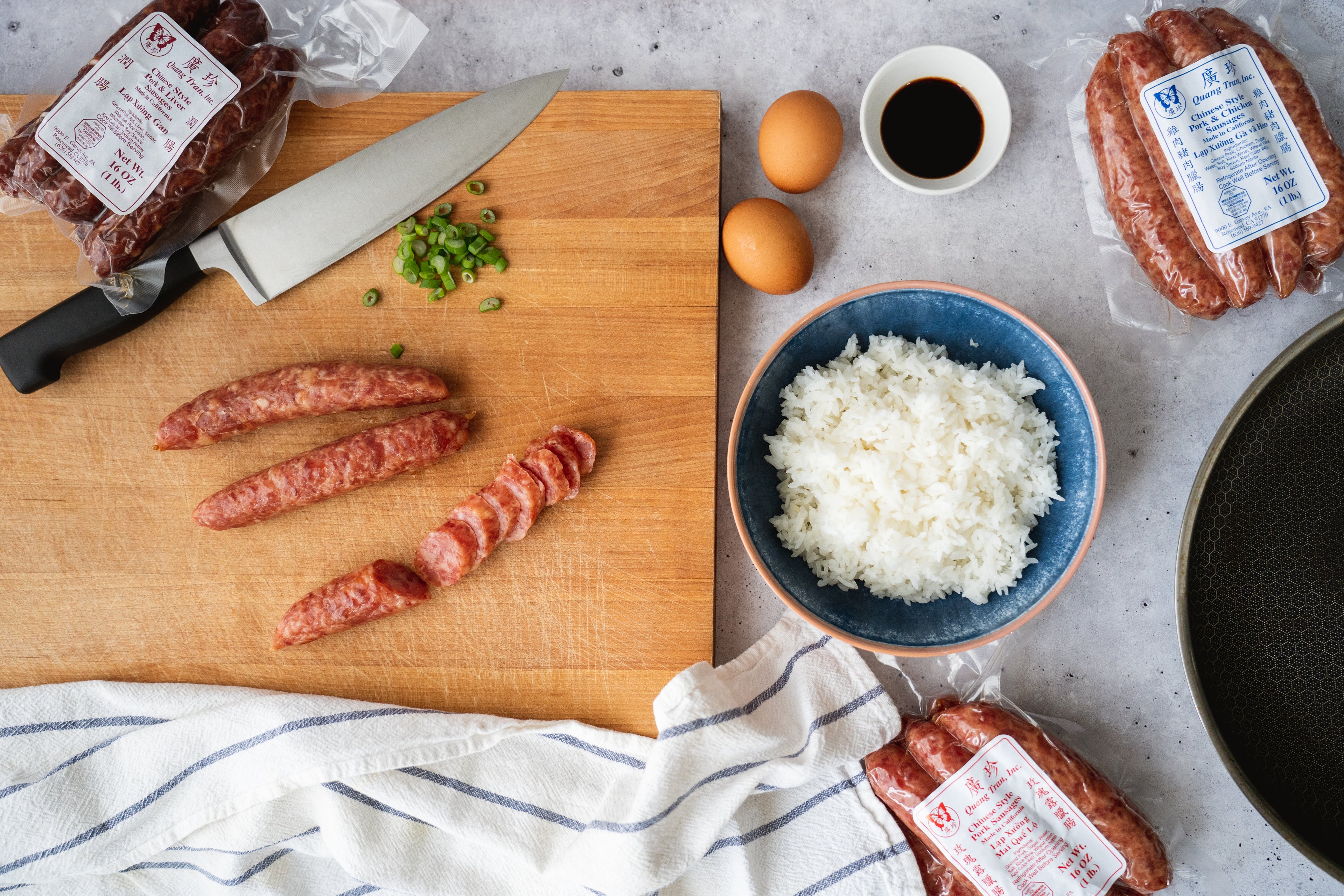 quang tran chinese sausages and other ingredients for fried rice laid out